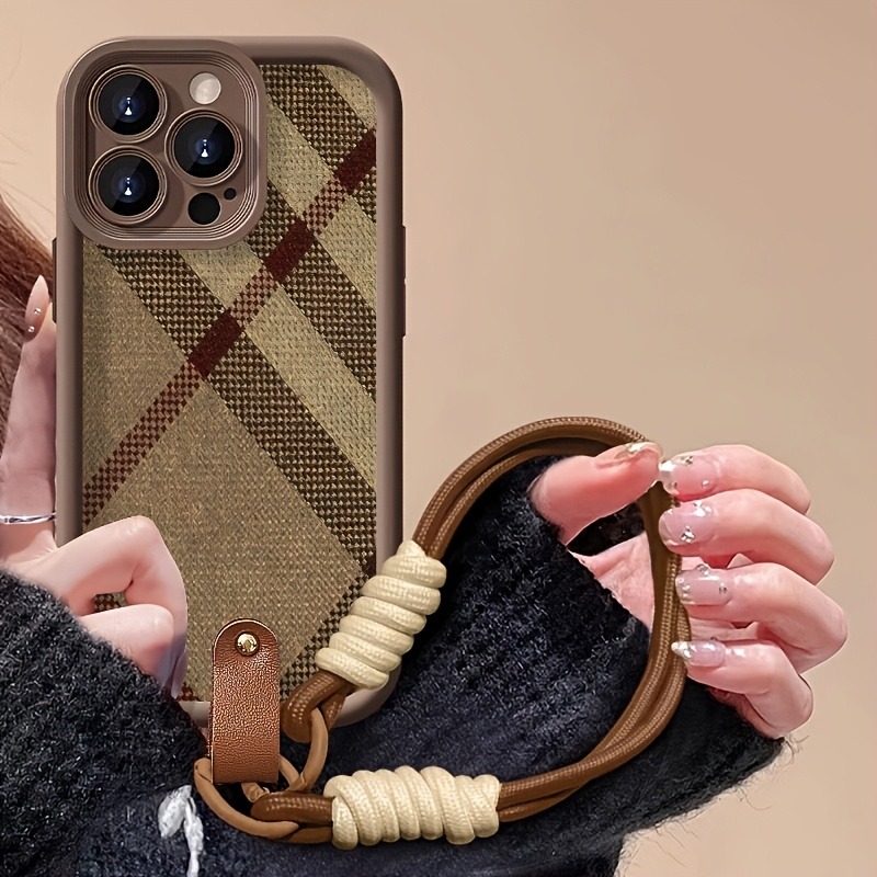 Samsung Galaxy S24 - Kahverengi Çizgili Kordon Askılı Telefon Kılıfı